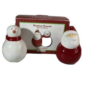 Oneida Christmas Closeups Santa & Snowman Salt Pepper Shakers 3.5 “ w/ Box